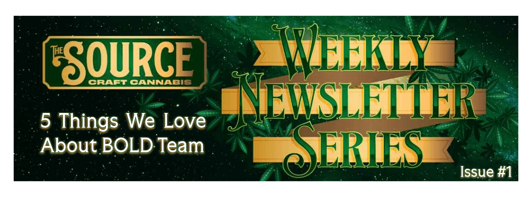 Weekly Newletter Series Issue #1 The Source Craft Cannabis Weekly Newsletter Series Issue #1 header featuring 5 Things We Love About BOLD Team with green cannabis leaf background and gold banner design